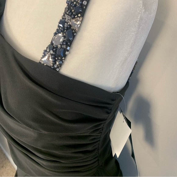 XSCAPE Ruched Beaded Embellished Mini Little Black Dress - Picture 3 of 15